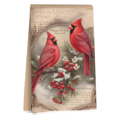Lovdazzles Vintage Cardinal Kitchen Towels, Holly Berry Decorative Absorbent Microfiber Dish Cloth Tea Towel, Pine Branch Waffle Soft Hand Towels for Farmhouse Home Bathroom Kitchen Decor