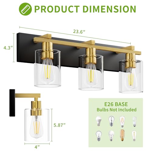 Image of Bathroom Vanity Light,3 Light Matte Black and Gold Light Fixture with Thickened Clear Glass Shade, 21 inch Modern Wall Sconce, Bathrooms Vanity Light Over Mirror for Bathroom