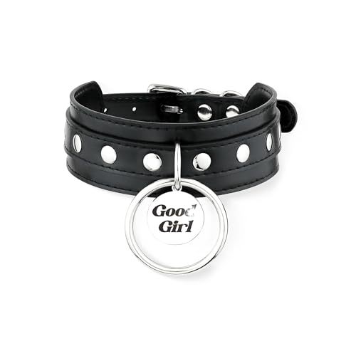Black O-ring Steel Tag Leather Choker Collar for Women,Adjusted to 13