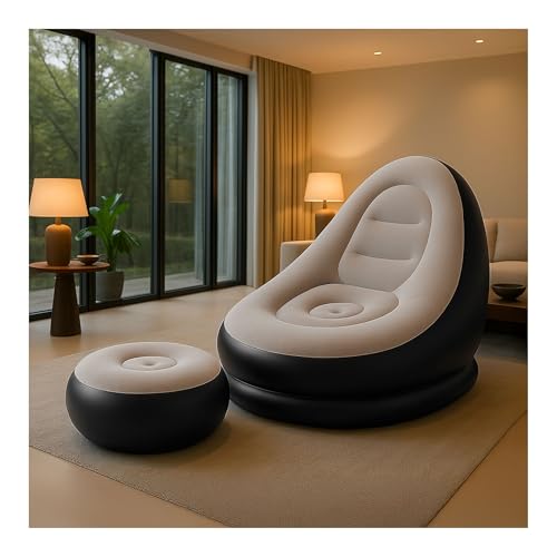 Image of Inflatable Lounge Chair with Air Pump & Footrest, 2-in-1 Folding Portable Recliner Sofa for Indoor Living Room, Bedroom, Office, Balcony, Outdoor Camping, Travel & Garden Use