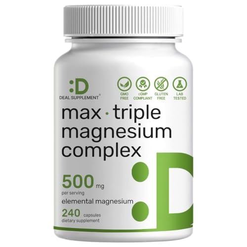 Triple Magnesium Complex 500mg, 240 Capsules β Magnesium Glycinate with Citrate & Oxide β Mineral Supplements with Max Strength Elemental Forms + 100% Chelated for High Absorption