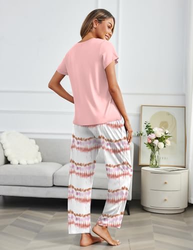 Image of Ekouaer 2 Pack Pajamas for Women Set Short Sleeve Sleepwear Top and Pants Pjs Soft Printed Lounge Sets with Pockets