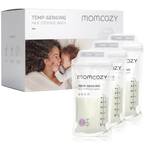 Image of Momcozy Breastmilk Storing Bags, Temp-Sensing Discoloration Milk Storing Bags for Breastfeeding, Disposable Milk Storage Bag with 6 Ounce Self Standing, No-Leak Milk Freezer Storage Pouches, 200pcs