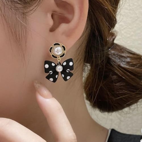 Bow Earrings for Women Pearl Dangle Jewelry, Black White Trendy Earrings Lightweight Minimalist Accessories Gift Versatile Day to Night3