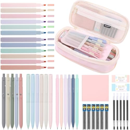 SKYDUE 44 Stück Schulsachen Aesthetic Mit Großer Kapazität Mäppchen, 12 Textmarker Pastell, 11 Gelstifte, 6 Druckbleistift, Stifte Set Schule Aesthetic School Stuff Back To School, Pink Stuff Set