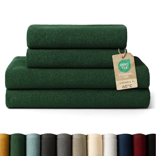 Blumtal Juego de 2 Toallas de Baño (70x140cm) + 2 Toallas de Manos (50x100cm)   Juego de Toallas Suaves y Absorebentes, 100% algodón, Certificado Oeko Tex 100, Verde Oscuro