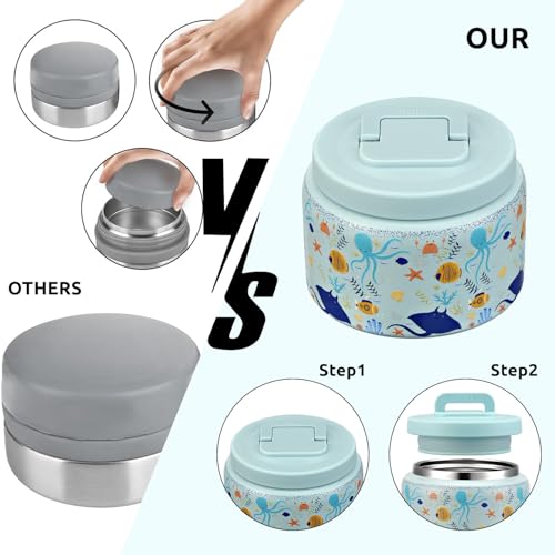 Image of JXXM 8 Oz Thermo Food Jar for Hot & Cold Food for Kids, Insulated Lunch Containers Hot Food Jar,Leak-Proof Vacuum Stainless Steel Wide Mouth Lunch Soup Thermo for School (Blue-Octopus)