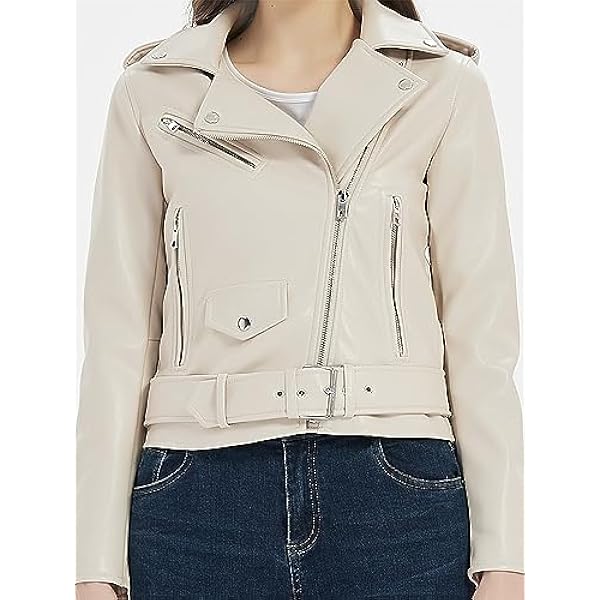 Adhdyuud Herfst Vrouwen Beige Motor Biker Jacket Casual Zwarte Zakken Riem Lederen Jas Jas