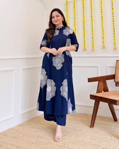 Image of ANNI Designer Women Viscose Blend Straight Fit Printed Kurta Palazzo Set | Mandarin Neck Outfit | Lightweight Breathable Fabric | Comfortable Elegant Styling for Office Casual Wear