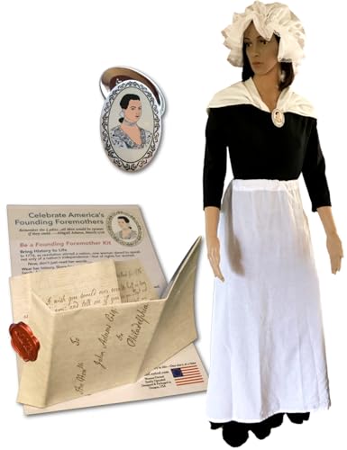 Colonial costume women 1776 Revolutionary War Betsy Ross. 6-Item Costume Accessories Set with Mob Cap Bonnet Apron Shawl Brooch Remember the Ladies Sealed Letter & Guide. Dress not included.
