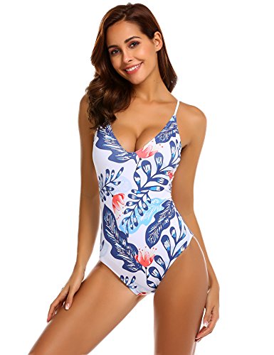Ekouaer Womens One Piece Swimwear Backless Tummy Control Monokini Swimsuits,6043-white Blue Print,L (fit US 10-12)