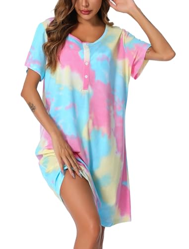 Image of ENJOYNIGHT Womens Short Sleeve Nightgown Tie Dye Nightshirt Nursing Sleepshirts Breastfeeding Sleep Dress