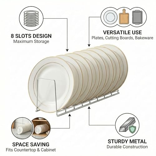Image of Kitchen Organizer Metal Dish Rack Cutting Board Holder Stand for Countertop or Inside Cabinet Organization, 8 Slot Cutting Board Plate Drying Rack for Bakeware Storage SLIVER