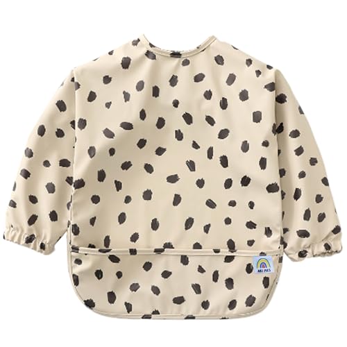 ARI MES Waterproof Long Sleeve Baby Bib for Eating-Black Spots Pattern, Small-Toddler Smock with Catch-All Pocket, BPA Free, Machine Washable, Wearable Feeding Bib for Boys & Girls 6-72 Months