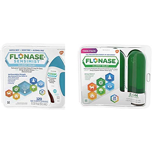 Flonase Sensimist Nasal Spray for Allergy Relief, 120 Sprays, 0.31 Fl Oz (Pack of 1) and Flonase Allergy Relief Nasal Spray, Allergy Medicine 24 Hour Non-Drowsy, 288 Sprays (Pack of 2)