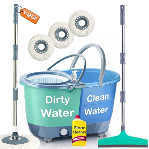 Image of V-MOP Premium Jumbo Double Bucket | Deluxe Double Color Mop with Floor Wiper Set, Cleaner & 3 Refill | Trolley Spin Mop-Magic-Floor ((6 Months Warranty on Rod Set))