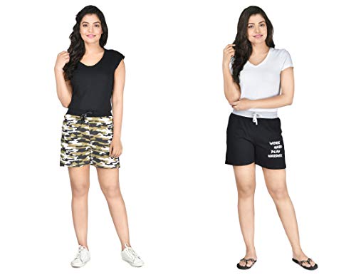Image of Club A9 Women's Cotton Printed Shorts | Short Pants | Hot Pants (Pack of 2) (L, Brown Camo Print, Black)