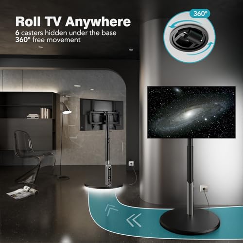 Image of Floor Mobile TV Stand with Power Outlet, Rolling TV Cart for 27-65 Inch OLED LED Monitors, 6 Levels of Height Adjustment, Ambient Lighting on The Bottom Wheels Holds up to 88lbs, 400x400mm