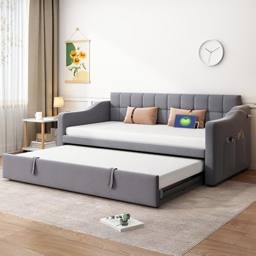 Sofá Cama 90/180x190 cm con Camas extraíble con Casquillo Bolsa de Almacenamiento Cama tapizada para Adultos Adolescentes daybed con somier Cama de Invitados sin colchón Gris