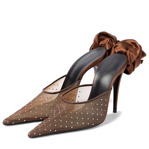 Women's Crystal Embellished Mesh Pumps Floral Applique Stilettos Pointed Toe Slip On Heeled Mules Banquet Dress Wedding Heels