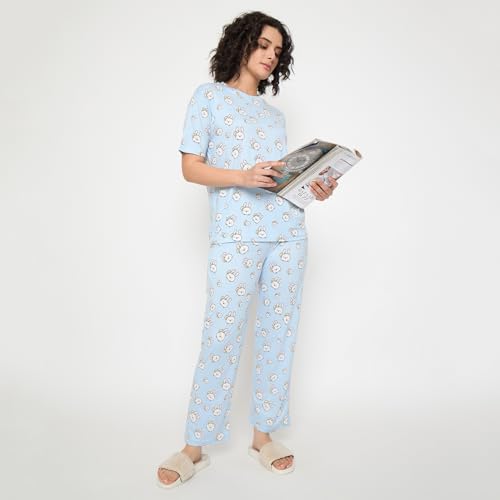 Image of CAMEY Women's Printed Pyjama Set, Short Sleeve T-Shirt and Trousers, Women Nightsuit, Loungewear Sets