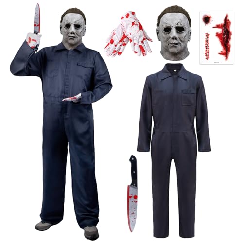 yumcute Halloween Kostüme für Erwachsene L, Serienmörder-Overall mit Vollkopfmaske, Narben Tattoos, Blutmesser und Handschuhen, Halloween Fasching Cosplay Kostüm Mottoparty Outfits