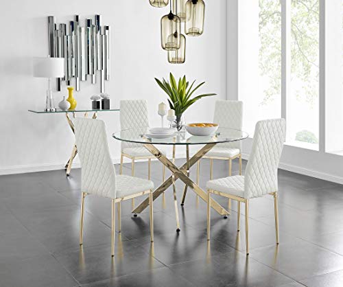 Elegante juego de mesa de comedor redonda de cristal con sillas Milán de metal y piel moderna para decoración del hogar, diseño elegante de comedor