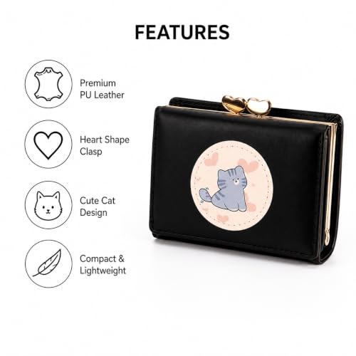 Image of Valerie Cute Small Wallets Clutch for Teen Girl Women PU Leather Trifold Small Wallet Cash Pocket 3D Buckle Card Holder Coin Purse with ID Window for Girls Women (Black Cat)