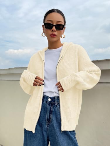 Image of SOLY HUX Zip Up Cardigan for Women Hooded Cardigan Sweater Knitted Drop Shoulder Fall Clothes Winter Hoodies Outerwear