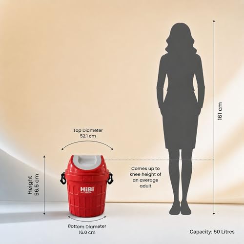 Image of HiBi 50 Litre Swing Lid Dustbin | Heavy Duty Plastic Waste Bin with Lid | Garbage Bin for Home, Office, Hospital, School & Commercial Use | Red