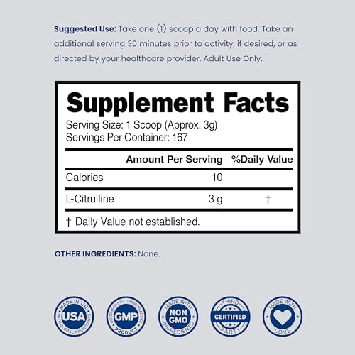 Image of L Citrulline Powder Supplements (3g) Support L Arginine & Nitric Oxide Booster Powder - L-Citruline Supplements For Men & Women - Stamina , Endurance , Performance for Workouts - Vegan & USA Made