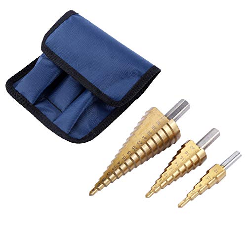 Step Drill Bit Set, 3Pcs Coated High-Speed Steel Step Drill Bit Set, Large HSS Steel Step Cone Drill Bit Set for Metal Wood Drilling Hole Cutter, Blue Storage