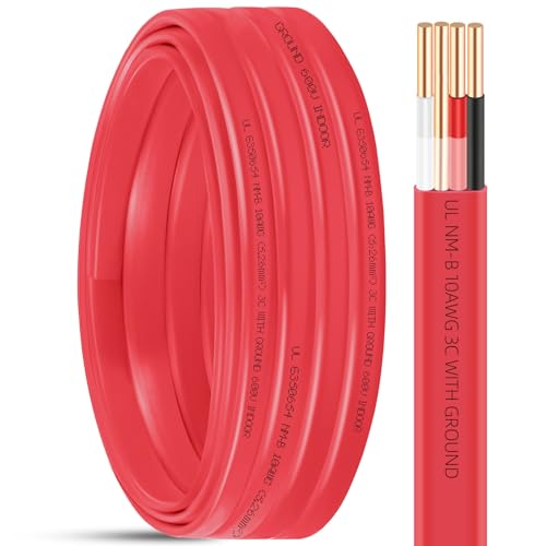 NM-B 10/3 Wire with Ground 25ft 10 Gauge 3 Conductor Electrical Wire 10 AWG Copper Non-Metallic Sheathed NM-B Cable 10/3 Solid Indoor Residential Wiring for Branch Circuit Switches Outlets Other Load