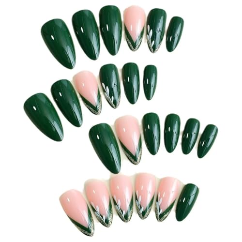 Image of Green French Tip Press on Nails Gold Line Fake Nails Nude Glossy Glue on Nails Artificial Acrylic Nail Fullc Cover Stick on Nials Short Almond False Nails for Women Girls Spring Summer Manicure 24Pcs