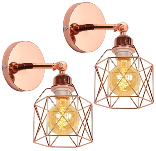 Lampada da Parete Industriale Applique da Parete E27 in Legno Illuminazione a Soffitto Vintage Regolabile Metallo Gabbia 16CM Lampada a Muro per Camera da Letto Soggiorno (Oro rosa, C-2 pezzi)
