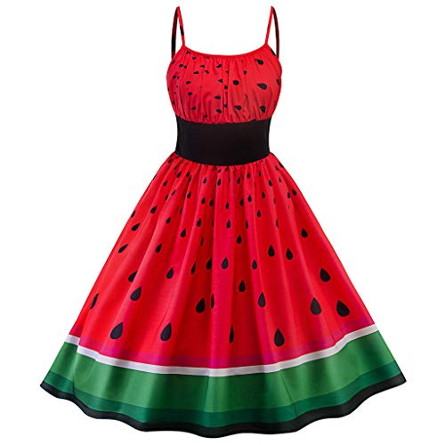 Damen Wassermelonen Kostüm Kleid Karneval Cocktail Kleid Retro Spaghetti Strap Kleid Wassermelonen Print Schlanke Taille Cocktailkleid Damen Elegant Vintage Kleid Rockabilly (Red, S)