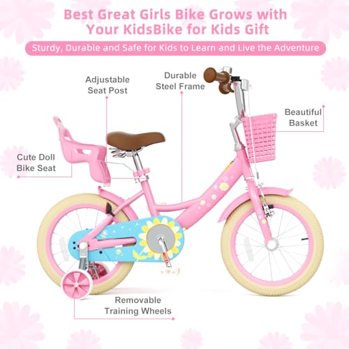 Image of Glaf Girls Bike Bicycle for 2-12 Years Old 12 14 16 20 inch Kids Toddler Bike with Training Wheels and Basket,Doll Seat, Kids Bike Bicycle for Gift