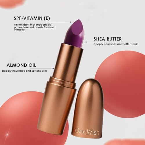 Image of One Wish Creamy Matte Lipstick Long Lasting for Women - Purple AF Shade 22 | Full Coverage | Creamy Formula | No Flaky Lips | No Dryness | High-Pigment | SPF | Vitamin E, Almond Oil & Shea Butter for Moisturising Lip | 8 Hrs Lasting | Smooth Finish | 3.8 gm