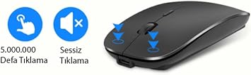 Bluetooth & Wireless Şarjlı Sessiz Tuşlu Kablosuz Mouse Ergonomik Siyah Şarj Edilebilir Mouse
