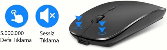 Bluetooth & Wireless Şarjlı Sessiz Tuşlu Kablosuz Mouse Ergonomik Siyah Şarj Edilebilir Mouse