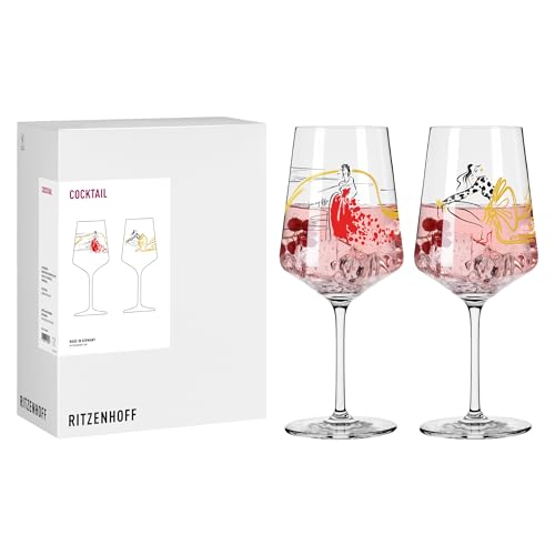 RITZENHOFF 8115007 Cocktail-Glas 500 ml, 2er Set, Serie Fashion, 2 Stück mit Model Motiv in Schwarz, Rot und Gold - Made in Germany