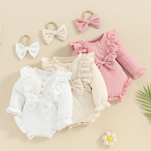 ZAXARRA Infant Baby Girls Fall Outfits Button Front Ruffle Long Sleeve One piece Rompers Cute Newborn Headband Clothing Sets2