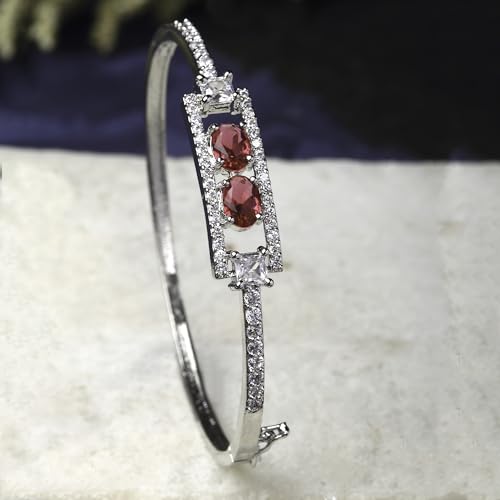 Image of ZENEME Rhodium-Plated Oval Shape American Diamond Studded Handmade Kada Bracelet For Girls and Women