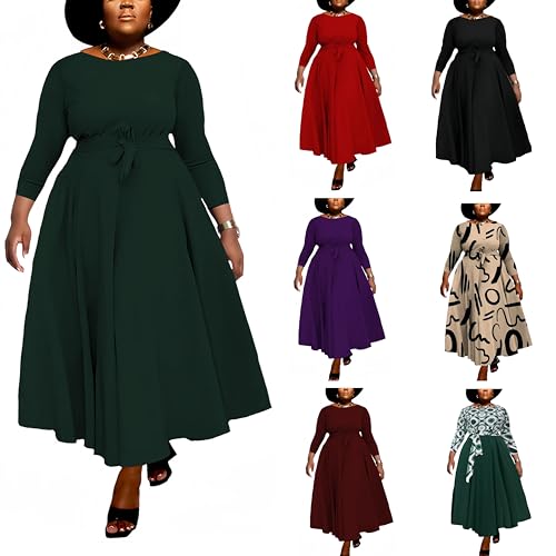 Image of Hostoyo Women Plus Size Formal A Line Maxi Dress Self Tie Waist with Pockets Elegant Round Neck Swing Long Dresses