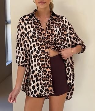 Dressmine Women's Leopard Print Top Long Sleeve Button Down Shirts Oversized Collared Business Blouse Floral Shirt - Image 3