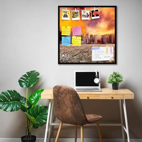 Image of ArtzFolio City Overlooking Desolate Desert | Bulletin Board Notice Pin Board | Vision Soft Board Combo with Thumb Push Pins & Sticky Notes | Black Frame | 24 x 24 inch (61 x 61 cms)