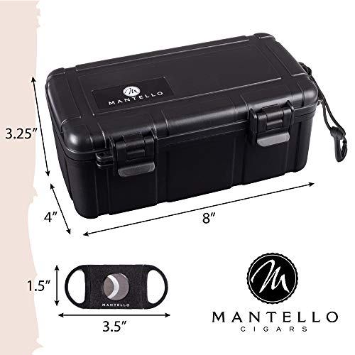 Mantello Portable Travel Cigar Humidor Case - Gift Set for Men - Fits 10 Cigars with 2 Ring Cigar Cutter, 1 V-Cut Cutter and 1 Cigar Punch - Portable, Airtight Seal, Crush-Proof - 8.80\"x 5.18\" Black