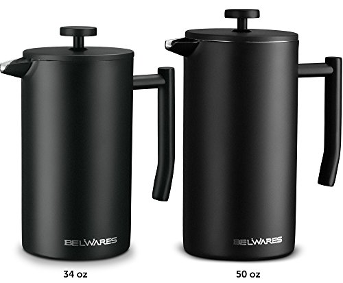 Belwares Large French Press Coffee Maker with Extra Filters for a Richer and Fuller Coffee Flavor, Designed with Double Wall Black Stainless Steel (50oz) Perfect Gift Idea