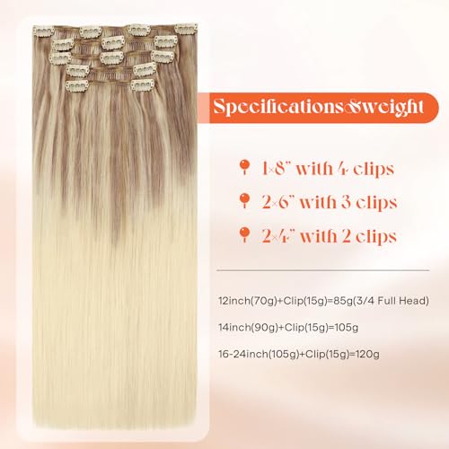 Image of Sunny Hair Clip in Hair Extensions Real Human Hair Blonde Ombre 12 Inch | Short Remy Hair Extensions Clip Ins, Soft Blend with Natural Looking Hair for Quick Daily Styling,Silky Straight Hair 85g