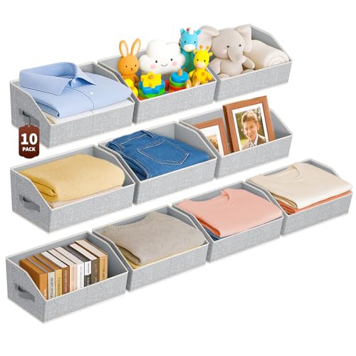 Homsorout Large Closet Organizers and Storage Bins - 10 Pack Trapezoid Storage Baskets for Shelves, Foldable Fabric Baskets with Handles Ideal for Closet, Basket, Wardrobe and Shelf Storage, Beige